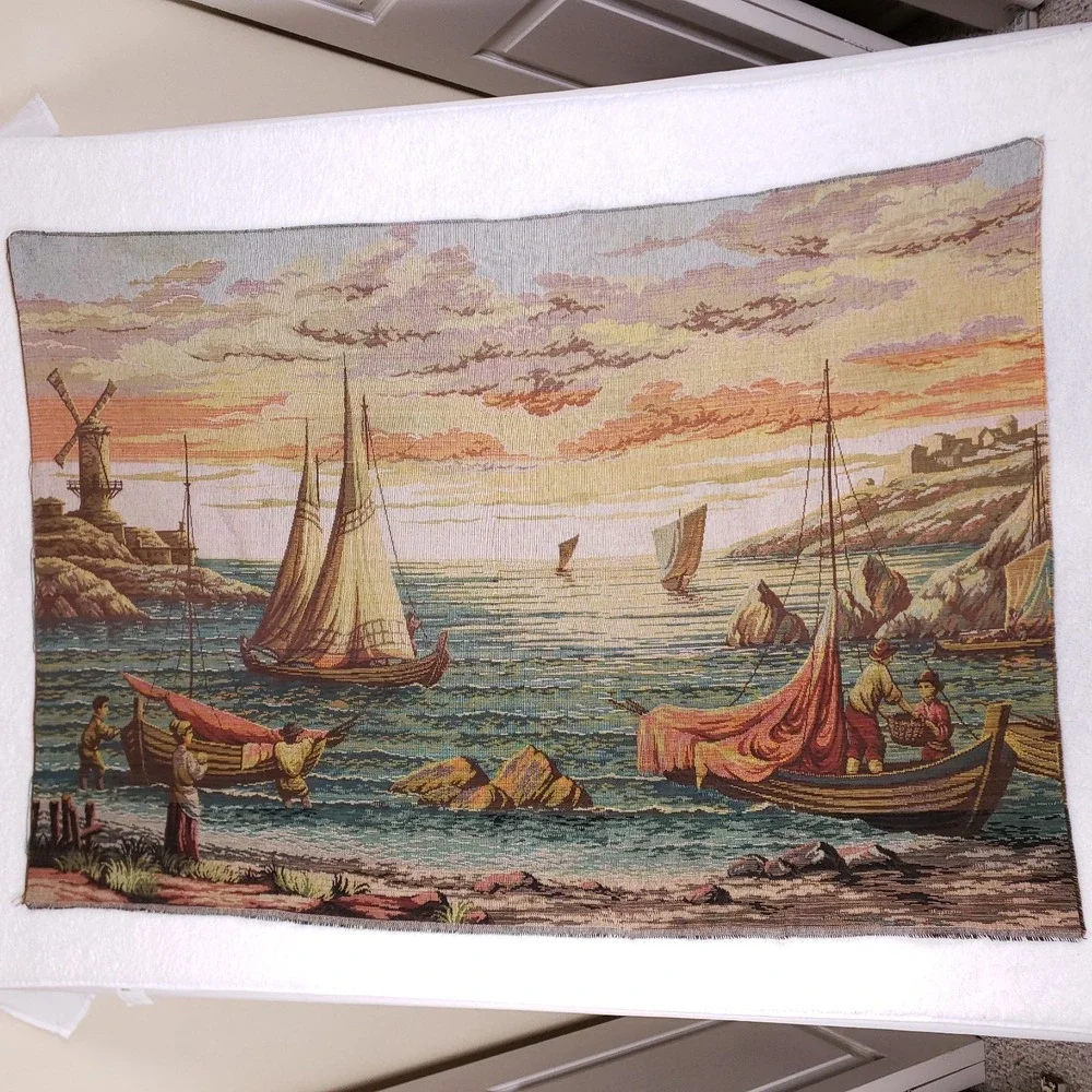 Unbranded Vintage Large Woven Harbor Tapestry 37x52‎ Multi Color